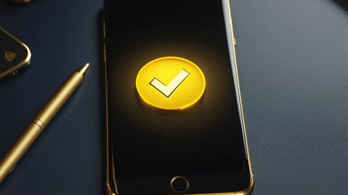Celular con una marca de verificación amarilla en pantalla junto a plumas doradas
